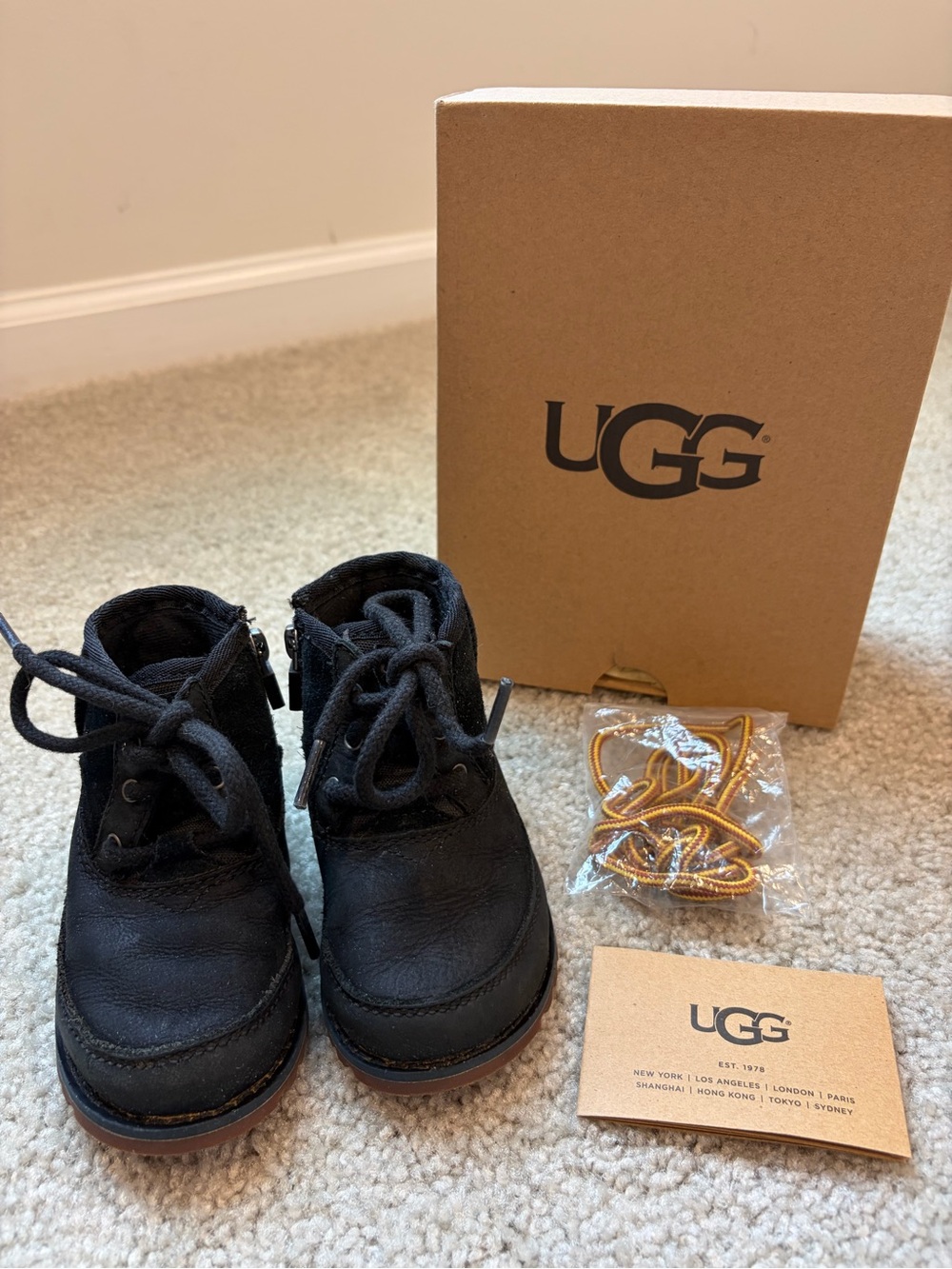 UGG Kids Black Leather Ankle Boots with Extra Laces